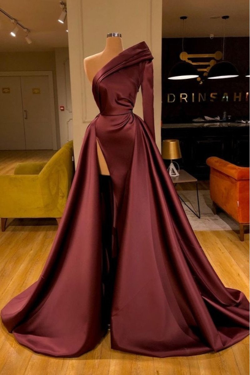 Andrea Elegant Burgundy One Shoulder Side Slit A-Line Prom Dresses