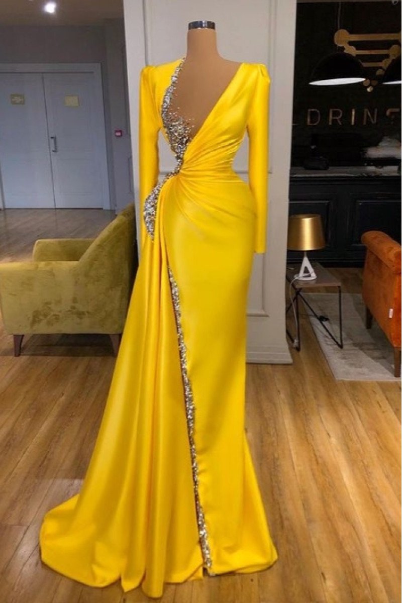 Angel Generous Yellow V-Neck Long Sleeves Sheath Prom Dresses With Crystal