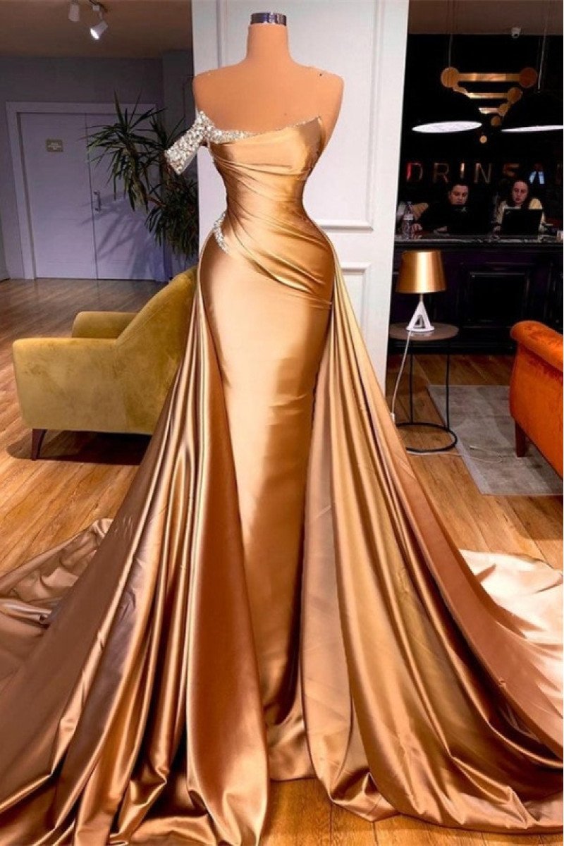 Angela Chic Rose Gold Strapless Panel Train A-lien Prom Dresses With Crystal