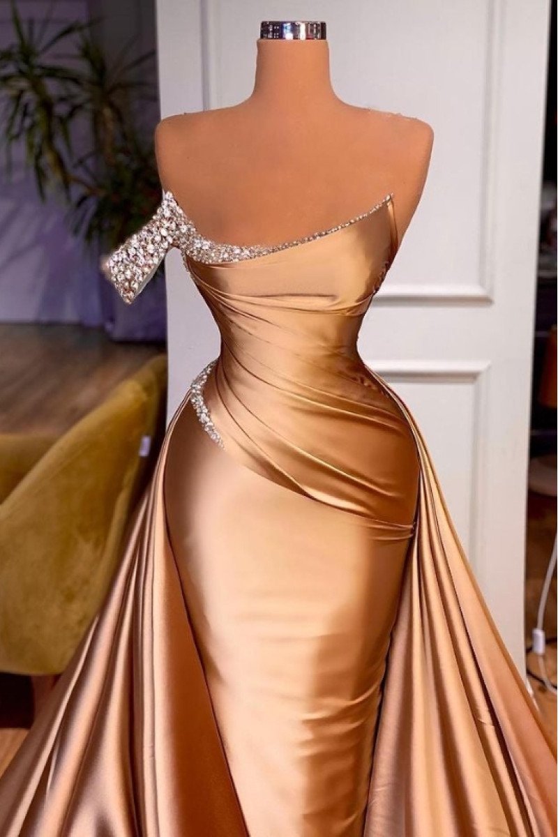 Angela Chic Rose Gold Strapless Panel Train A-lien Prom Dresses With Crystal