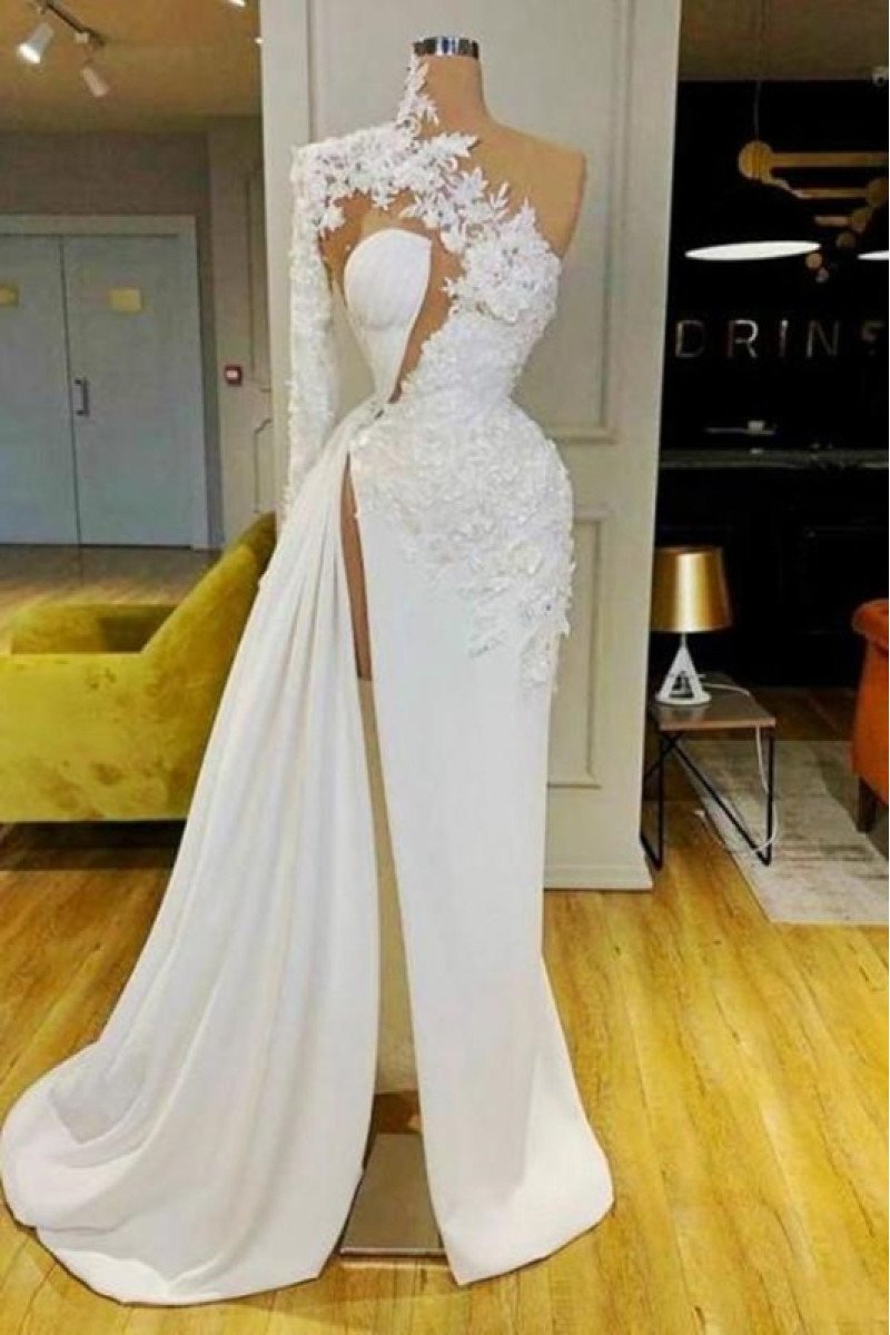 Anne Chic White One Shoulder Keyhole Side Slit Sheath Prom Dresses With Appliques