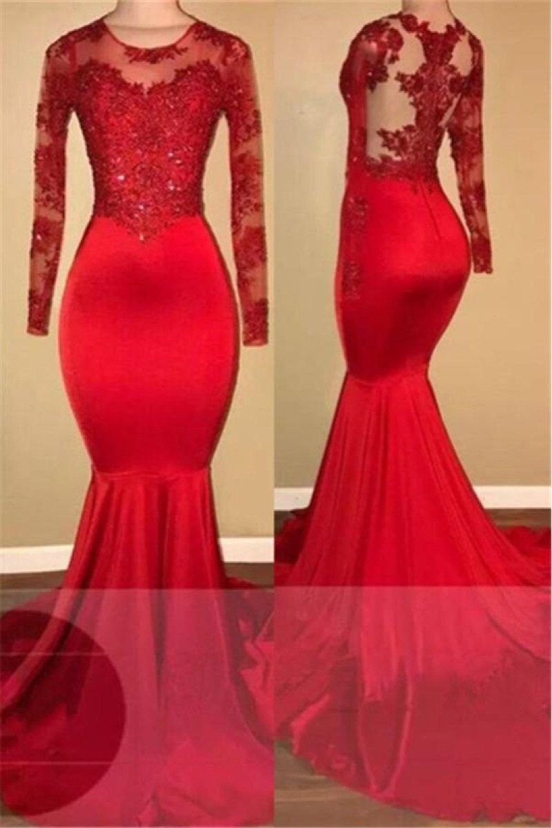 Annie Sexy Red Jewel Long Sleeves Open Back Appliques Mermaid Prom Dresses