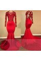 Annie Sexy Red Jewel Long Sleeves Open Back Appliques Mermaid Prom Dresses