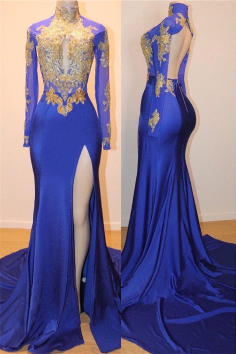 Annie Honorable Royal Blue High Neck Long Sleeves Appliques Backless Sheath Prom Dresses