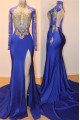 Annie Honorable Royal Blue High Neck Long Sleeves Appliques Backless Sheath Prom Dresses