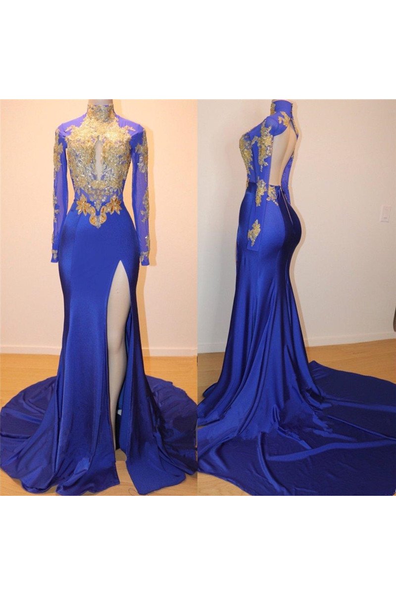 Annie Honorable Royal Blue High Neck Long Sleeves Appliques Backless Sheath Prom Dresses