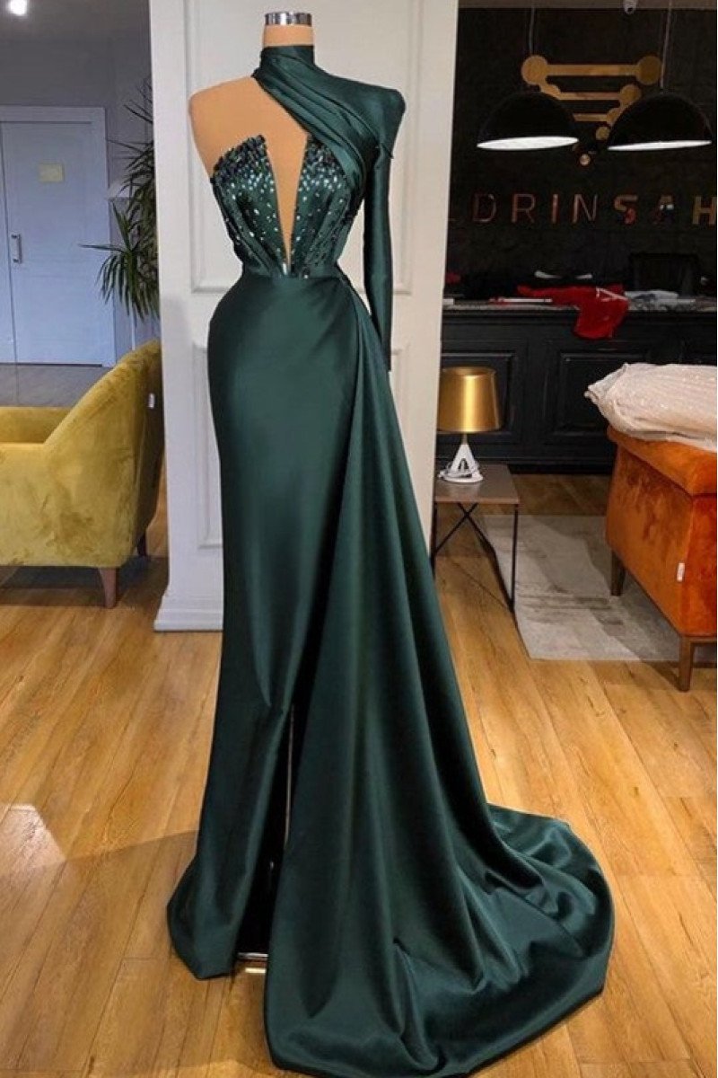 Ariel Gentle Dark Green One Shoulder Beading Sheath Prom Dresses