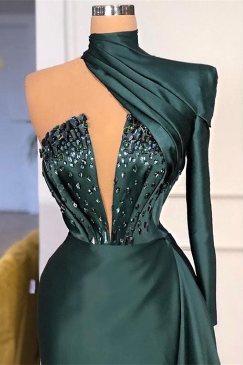 Ariel Gentle Dark Green One Shoulder Beading Sheath Prom Dresses