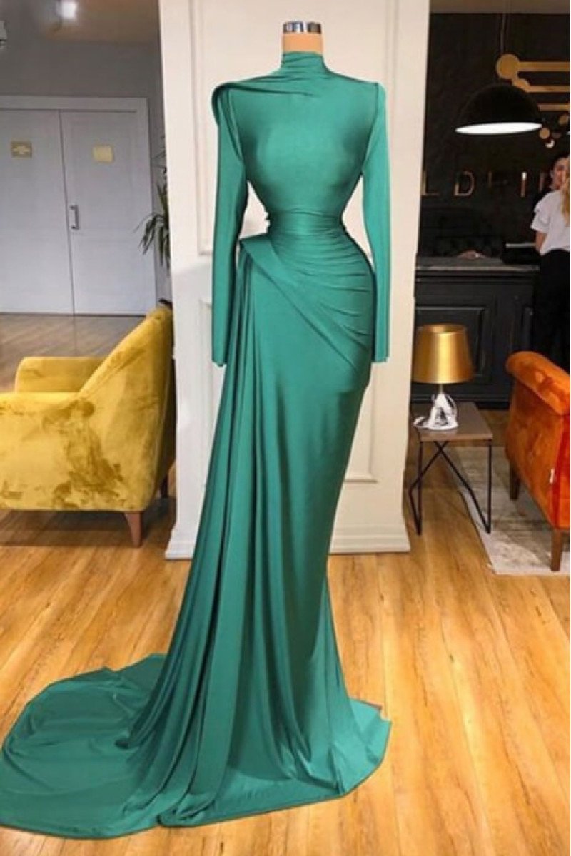 Arlene Chic Jade High Neck Long Sleeves Sheath Prom Dresses