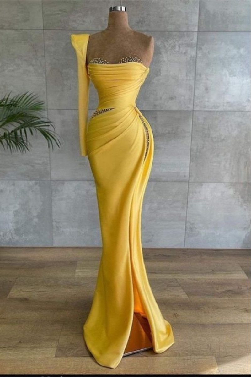 Arthur Fancy Yellow One Shoulder Side Slit Beading Sheath Prom Dresses