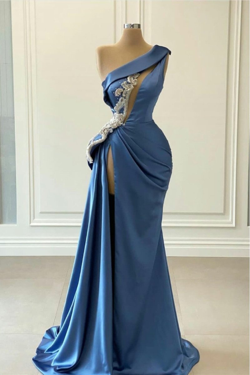 Ashley Chic Ink Blue One Shoulder Side Slit Keyhole Sheath Prom Dresses With Appliques