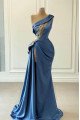 Ashley Chic Ink Blue One Shoulder Side Slit Keyhole Sheath Prom Dresses With Appliques