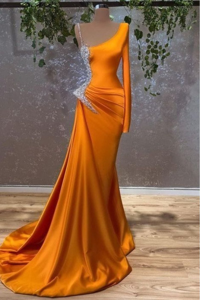 Ashley Mild Orange One Shoulder Court Train Sheath Prom Dresses With Crystal