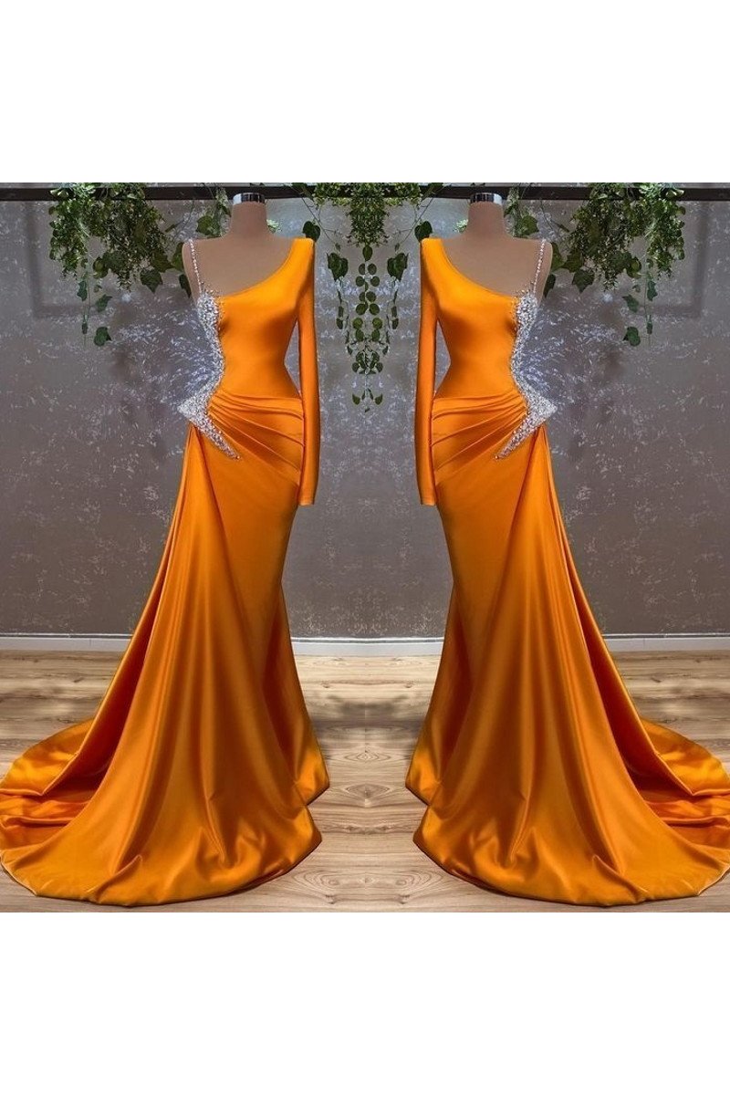 Ashley Mild Orange One Shoulder Court Train Sheath Prom Dresses With Crystal