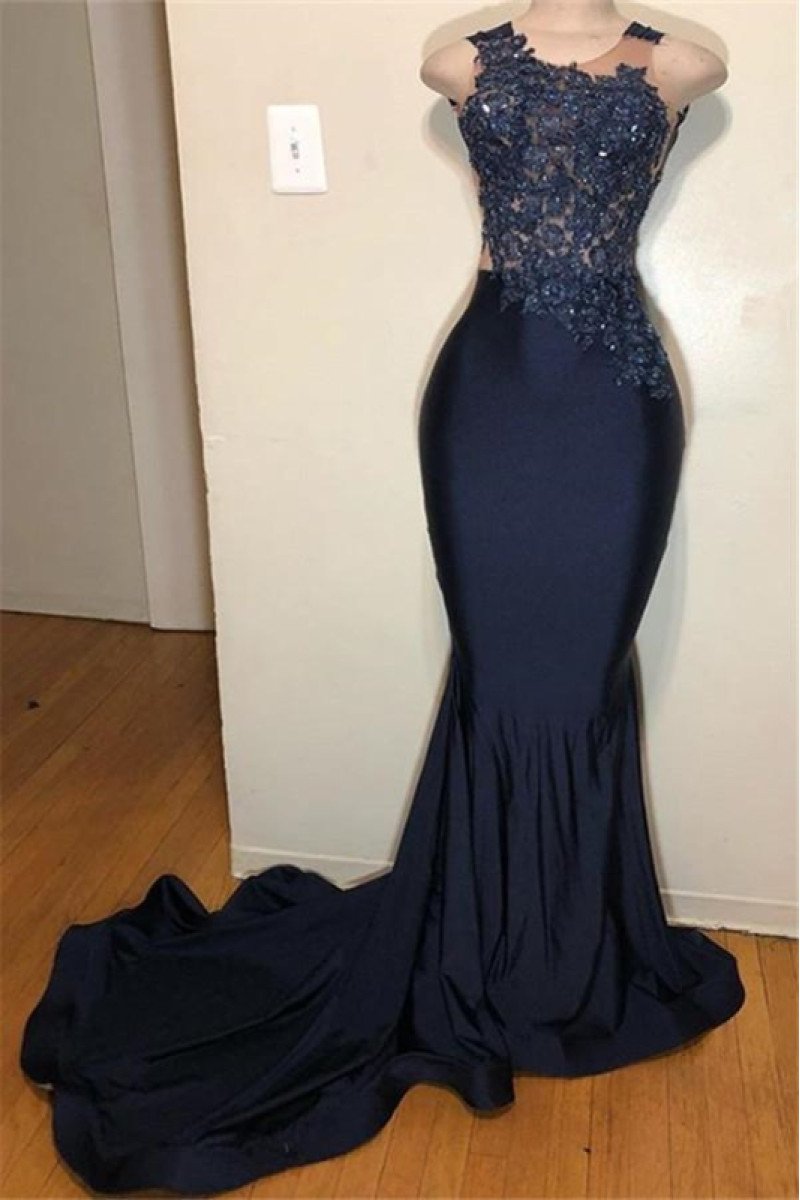 Astrid Fashion Dark Navy Sheer Straps Court Train Mermaid Prom Dresses With Appliques