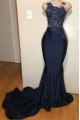 Astrid Fashion Dark Navy Sheer Straps Court Train Mermaid Prom Dresses With Appliques