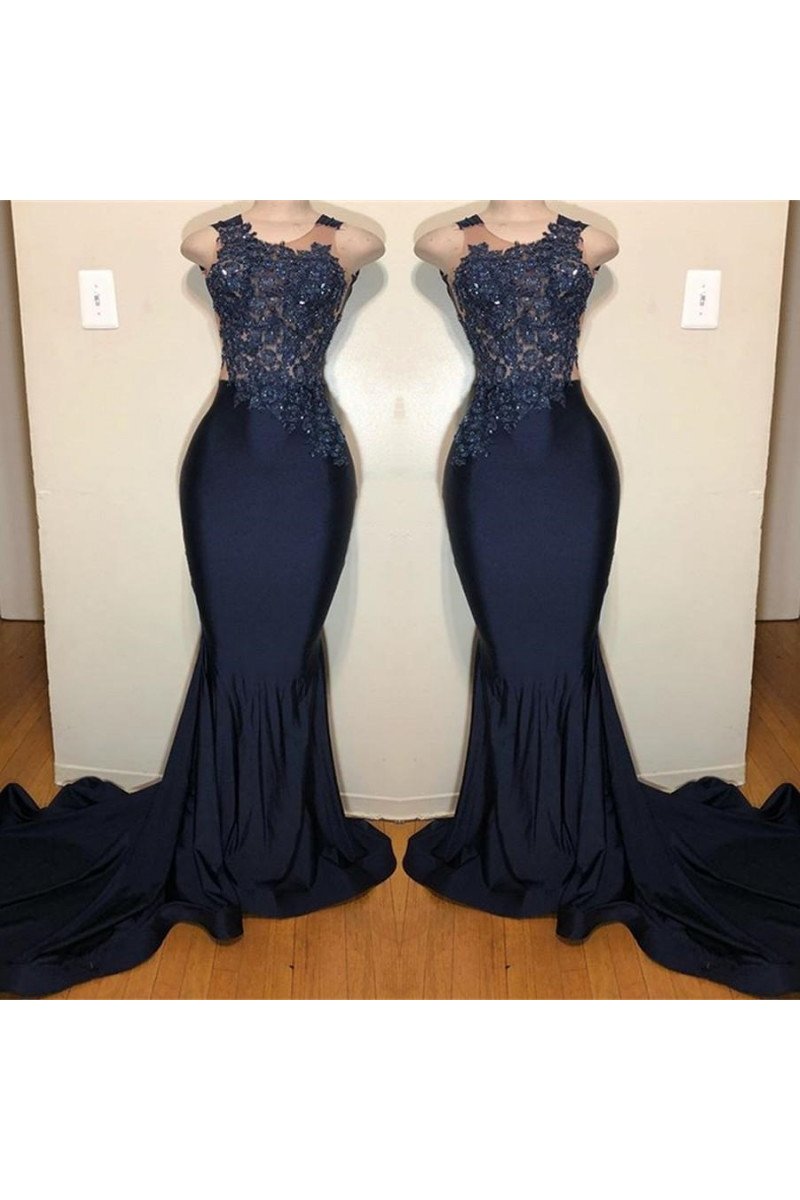 Astrid Fashion Dark Navy Sheer Straps Court Train Mermaid Prom Dresses With Appliques