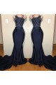 Astrid Fashion Dark Navy Sheer Straps Court Train Mermaid Prom Dresses With Appliques