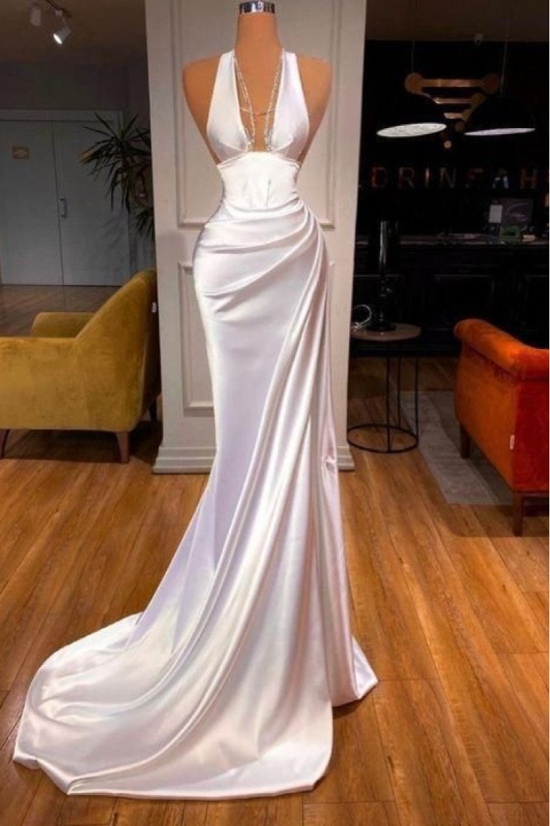 Aubrey Simple White Halter Backless Sheath Prom Dresses