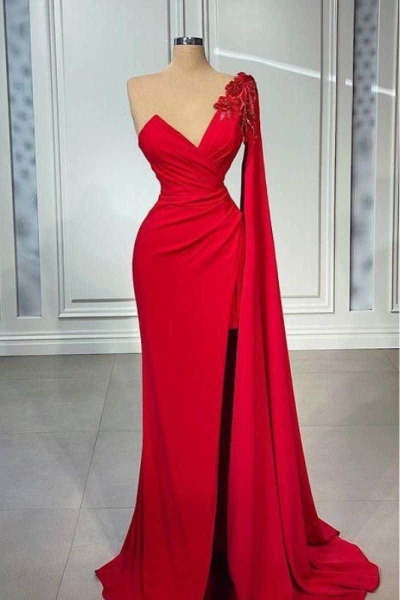 Aurora Beautiful Red One Shoulder Side Slit Sheath Prom Dresses With Flower