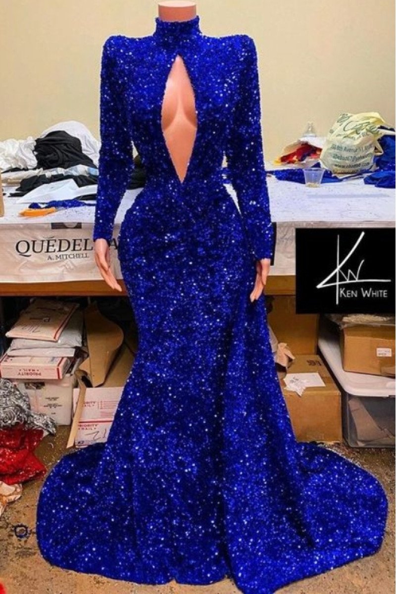 Avery Sparkle Royal Blue High Neck Keyhole Long Sleeves Sequins Sheath Prom Dresses