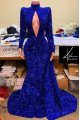 Avery Sparkle Royal Blue High Neck Keyhole Long Sleeves Sequins Sheath Prom Dresses