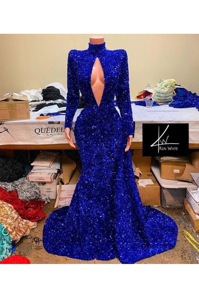 Avery Sparkle Royal Blue High Neck Keyhole Long Sleeves Sequins Sheath Prom Dresses