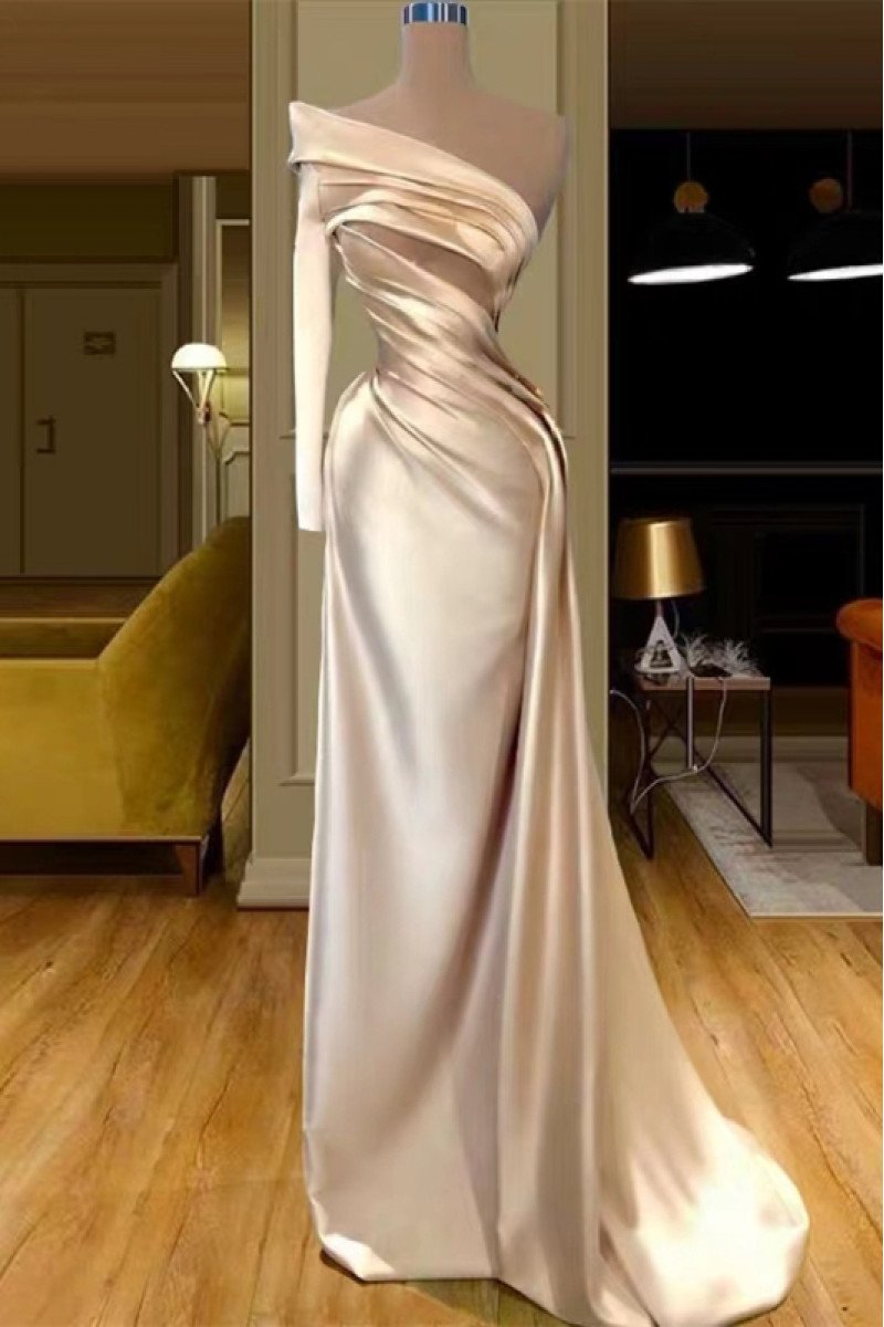 Bader Elegant Champagne One Shoulder Ruffles Sheath Prom Dresses