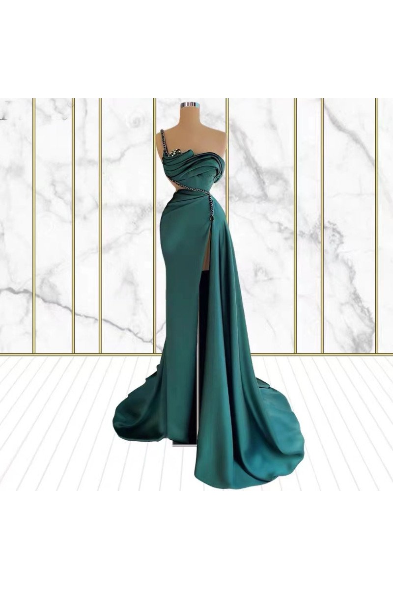 Barbara Special Turquoise One Shoulder Ruffles Beading Side Slit Sheath Prom Dresses