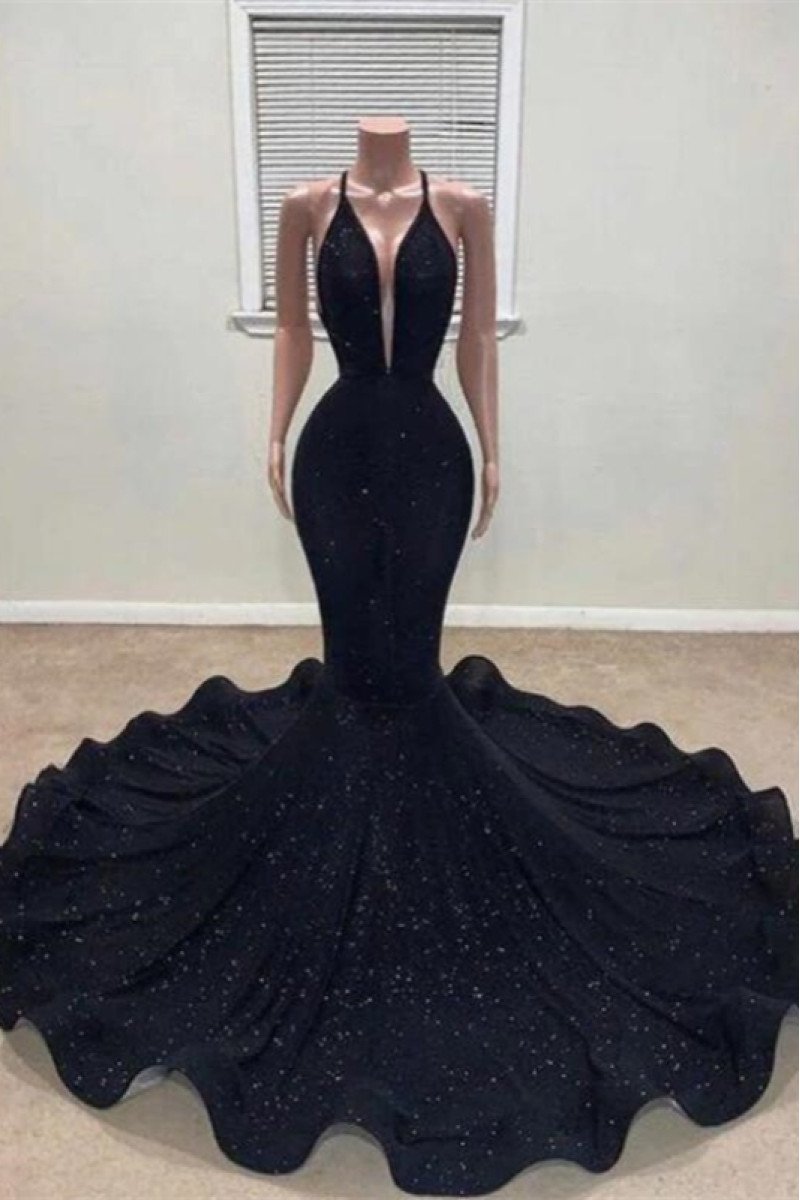 Bblythe Sexy Black Halter Backless Sequins Mermaid Prom Dresses