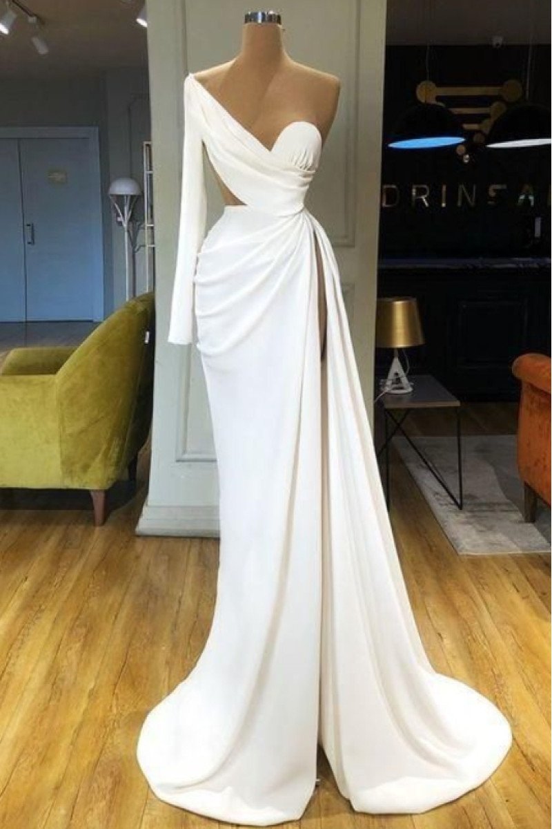 Belinda Wonderful White One Shoulder Side Slit Sheath Prom Dresses