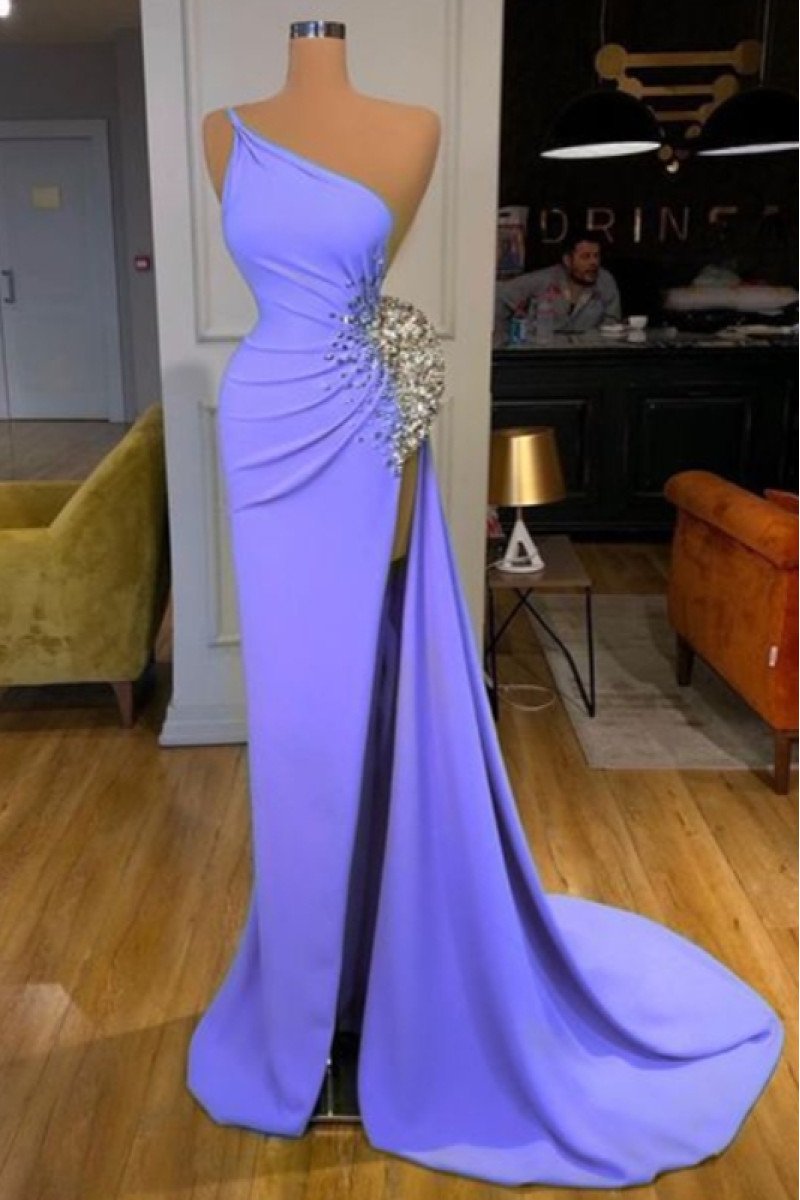 Bella Sexy Purple One Shoulder Open Back Side Slit Sheath Prom Dresses With Crystal