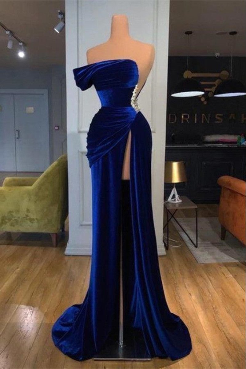 Belle Elegant Dark Blue Off Shoulder Side Slit Velvet Sheath Prom Dresses With Crystal