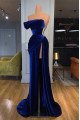 Belle Elegant Dark Blue Off Shoulder Side Slit Velvet Sheath Prom Dresses With Crystal