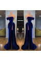 Belle Elegant Dark Blue Off Shoulder Side Slit Velvet Sheath Prom Dresses With Crystal