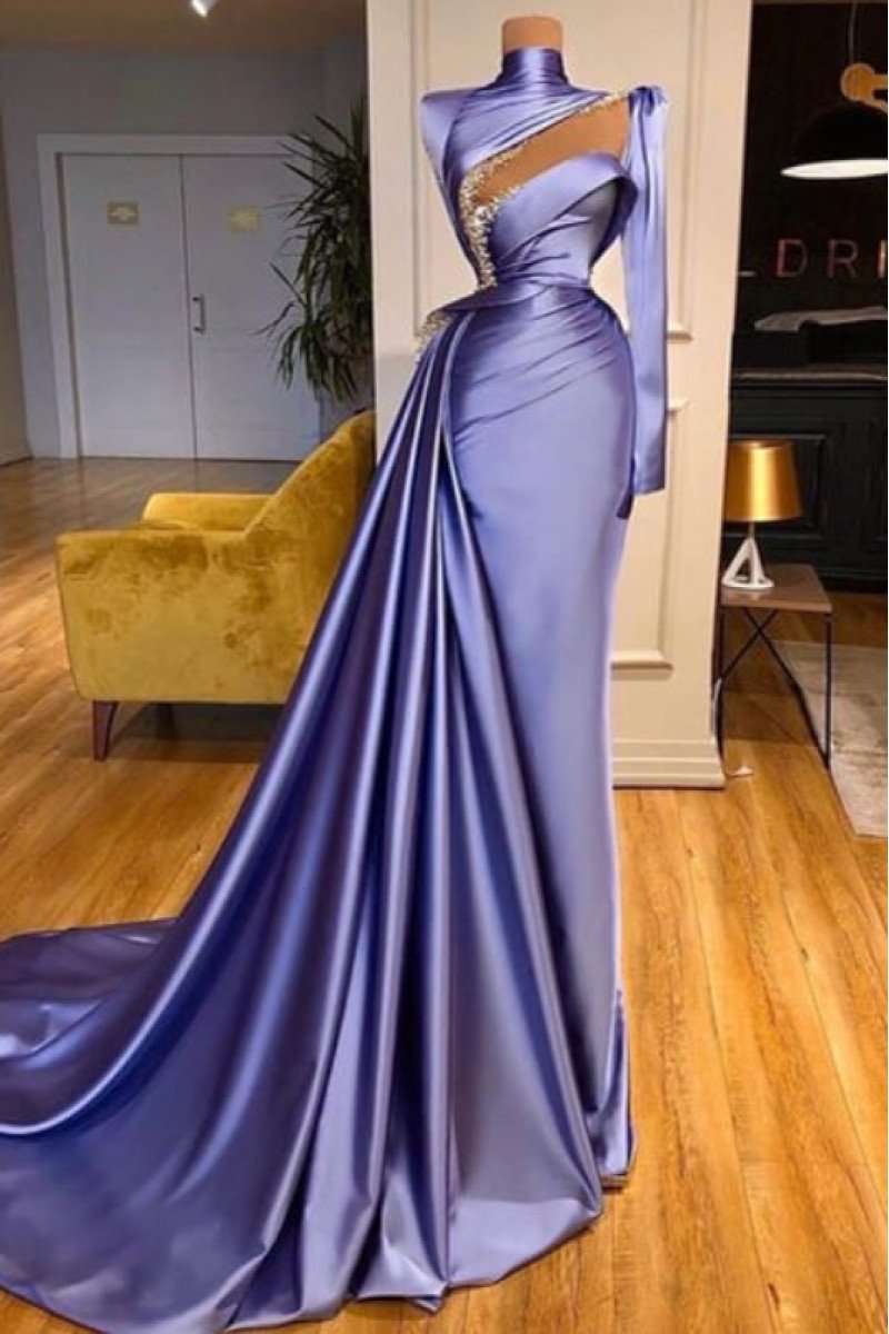 Bernice Gentle Lavender High Neck Long Sleeves Beading Sheath Prom Dresses