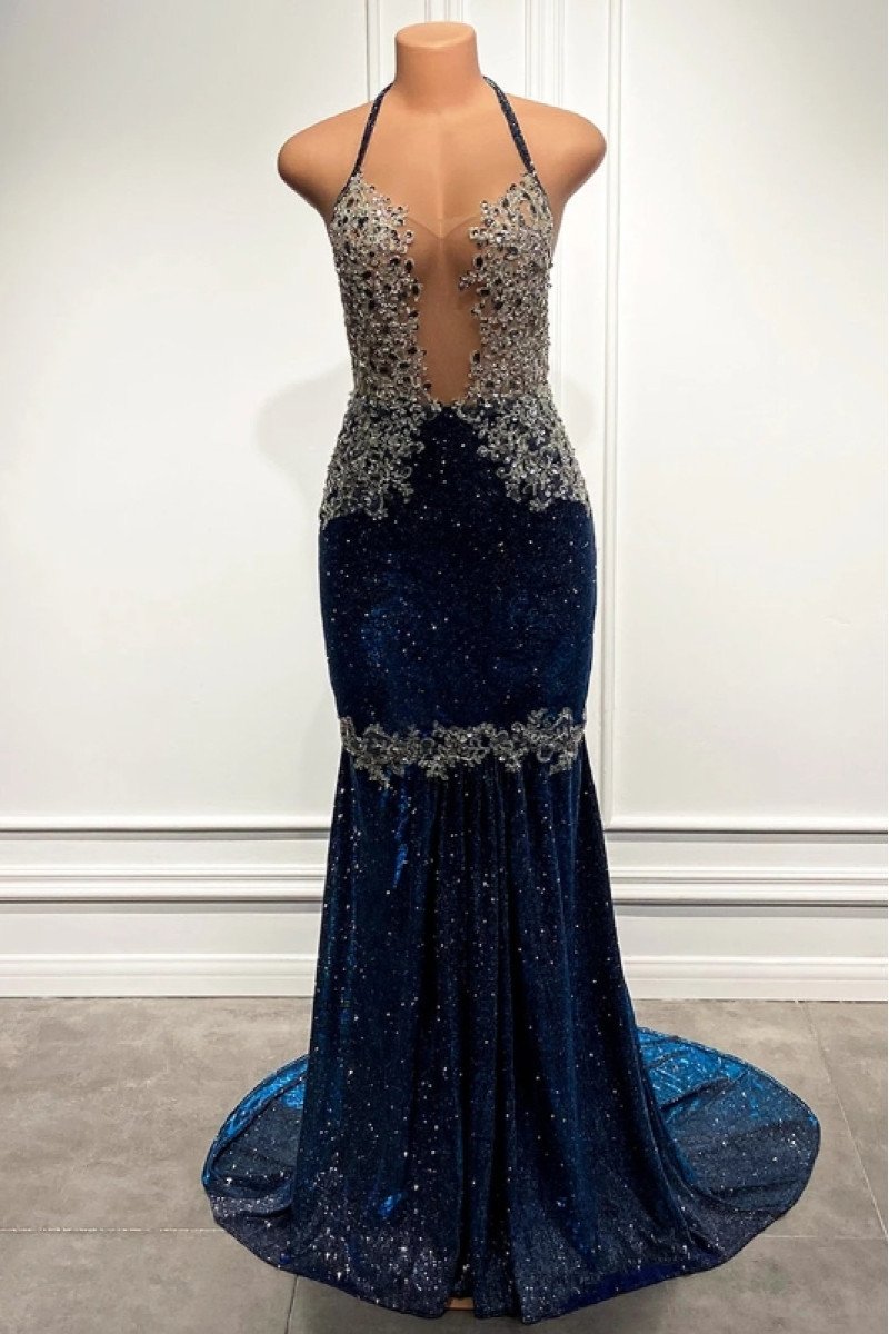 Bertha Sexy Dark Navy Sequins Halter Backless Appliques Sheath Prom Dresses