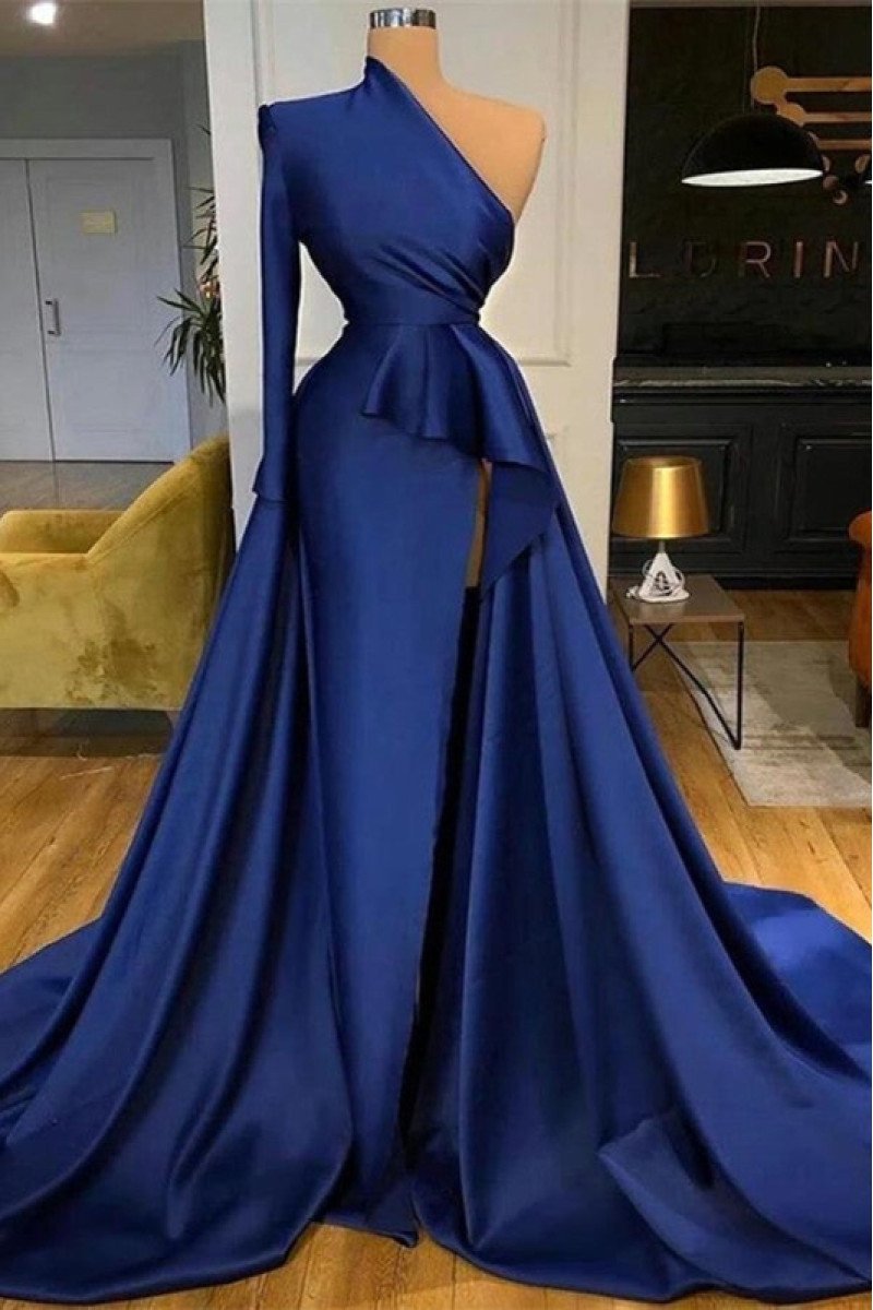 Bess Elegant Dark Blue One Shoulder Long Sleeves Side Slit A-Line Prom Dresses