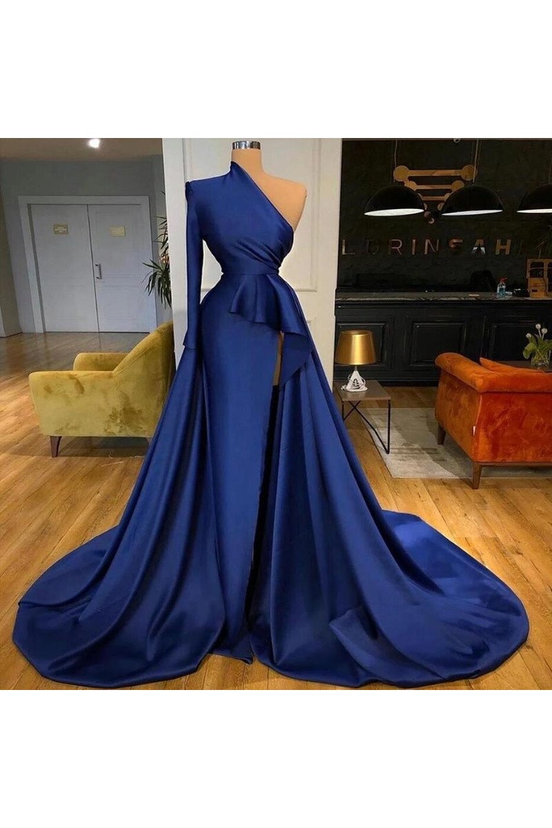 Bess Elegant Dark Blue One Shoulder Long Sleeves Side Slit A-Line Prom Dresses