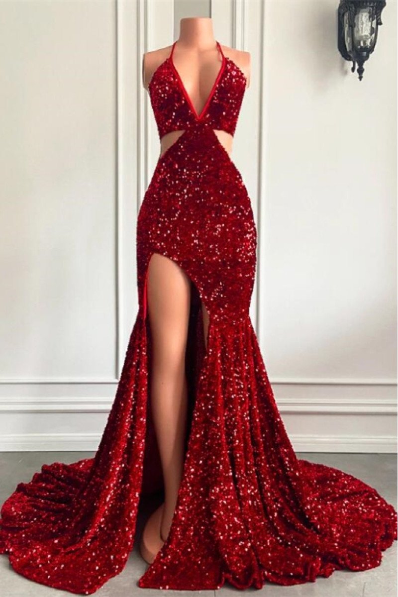 Betty Sexy Burgundy Sequins Halter Open Back Side Slit Mermaid Prom Dresses 