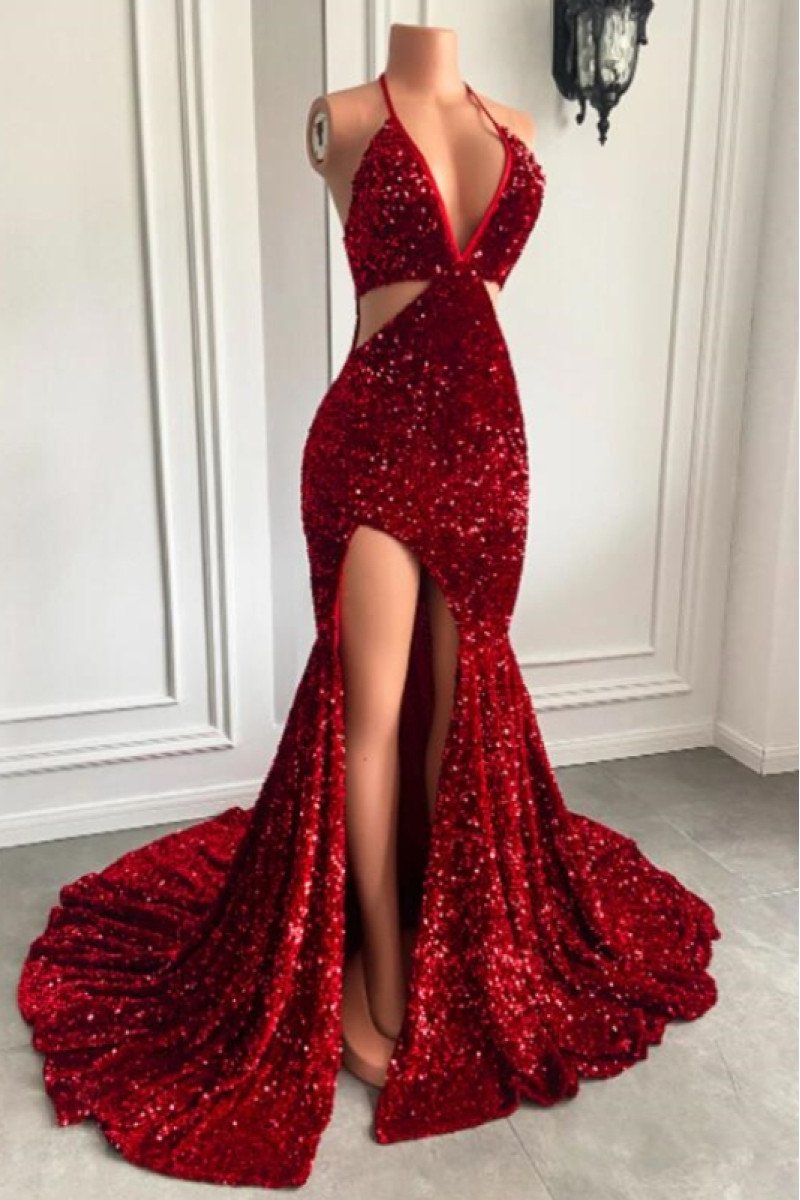 Betty Sexy Burgundy Sequins Halter Open Back Side Slit Mermaid Prom Dresses 