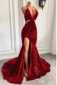 Betty Sexy Burgundy Sequins Halter Open Back Side Slit Mermaid Prom Dresses 