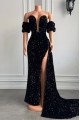 Beverly Special Black Sequins Strapless Side Slit Sheath Prom Dresses