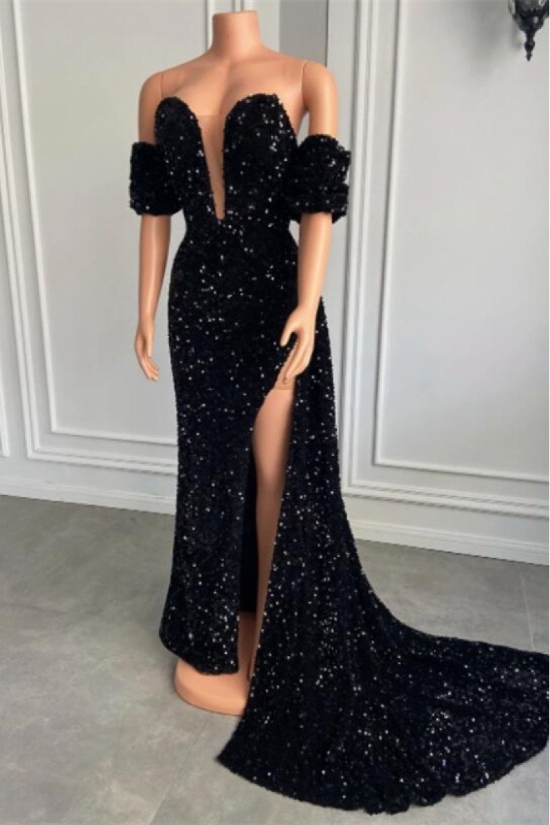 Beverly Special Black Sequins Strapless Side Slit Sheath Prom Dresses