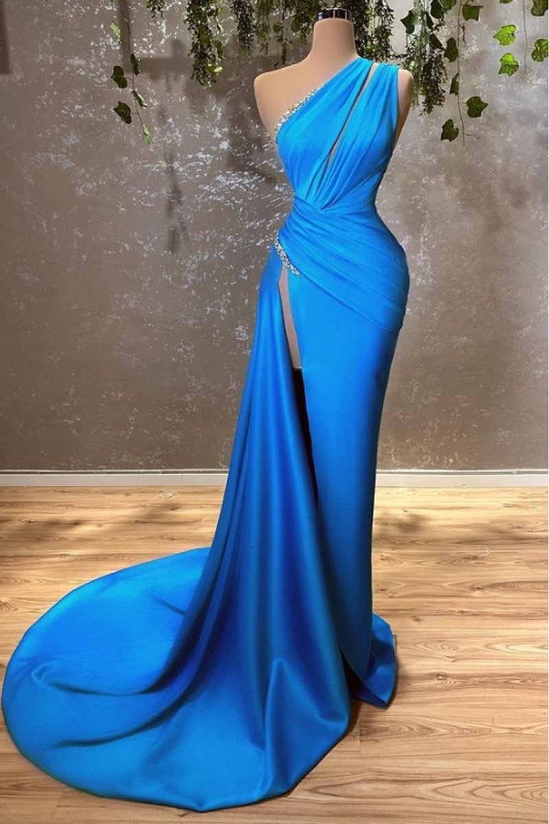 Blake Modern Blue One Shoulder Side Slit Sheath Prom Dresses With Crystal