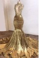 Blanche Luxury Gold High Neck Keyhole Velvet Mermaid Prom Dresses With Appliques