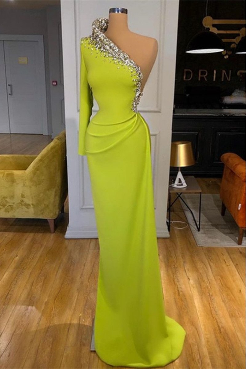 Bonnie Gentle Light Green One Shoulder Sheath Prom Dresses With Crystal