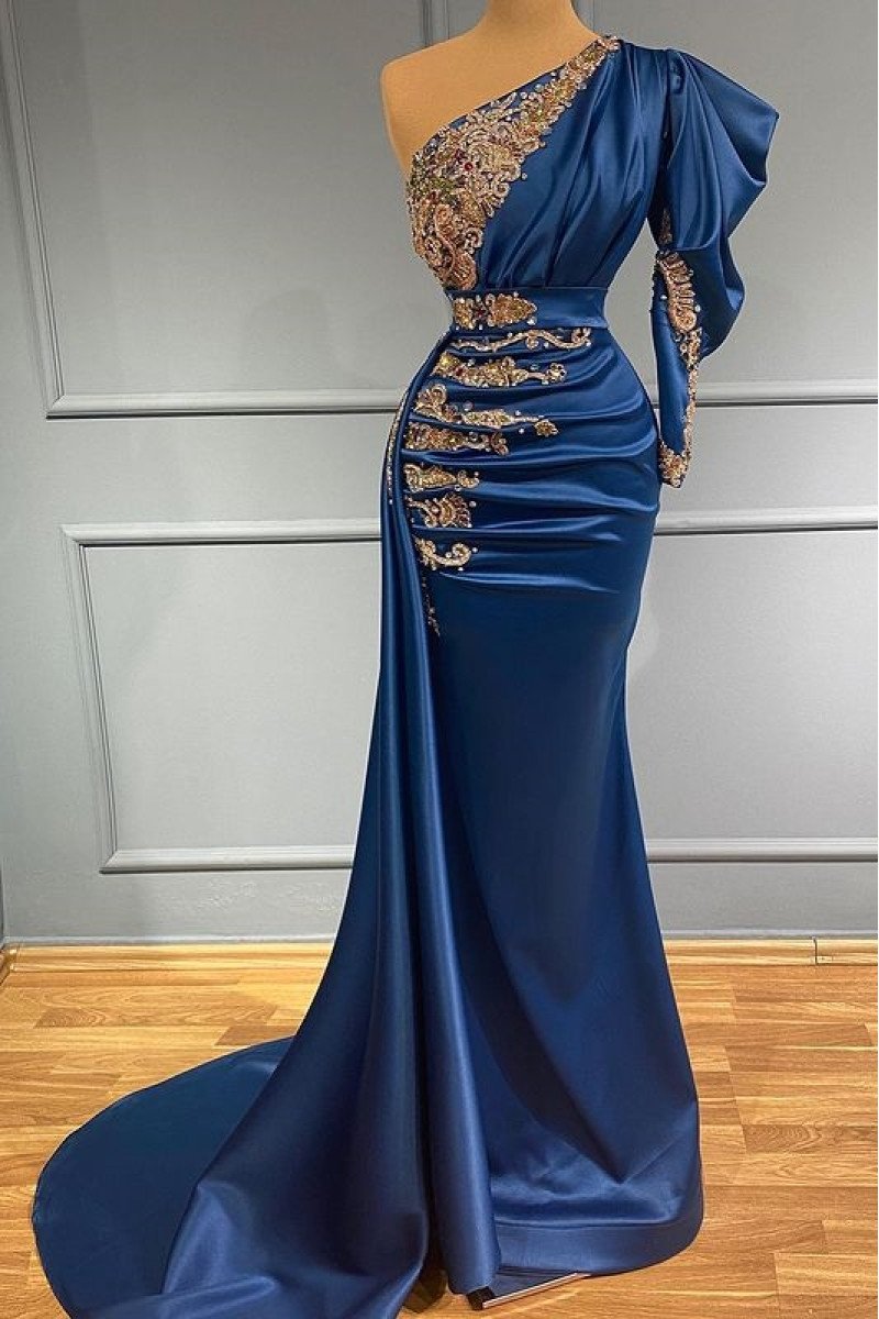 Bridget Charming Dark Blue One Shoulder Beading Sheath Prom Dresses With Appliques