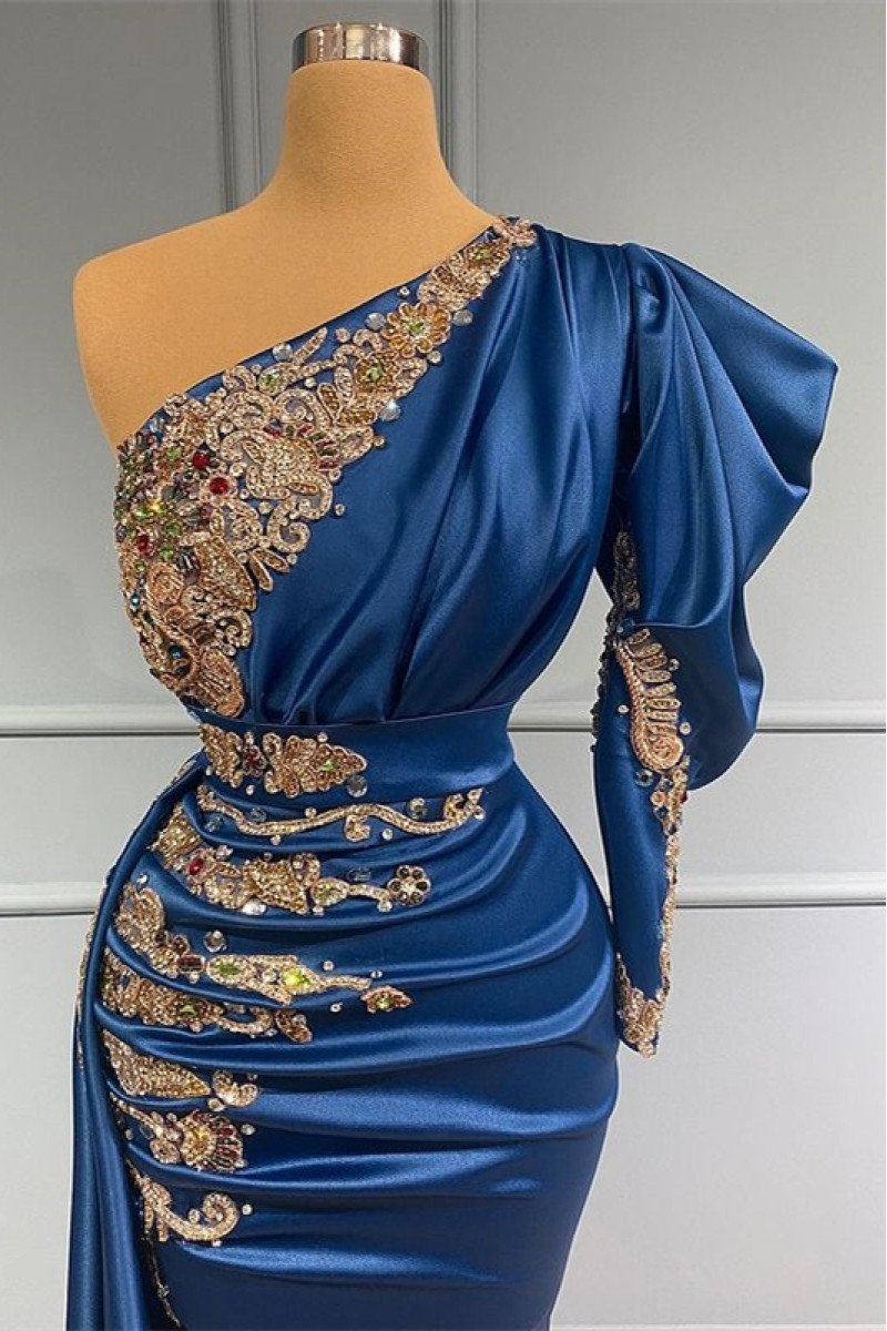 Bridget Charming Dark Blue One Shoulder Beading Sheath Prom Dresses With Appliques