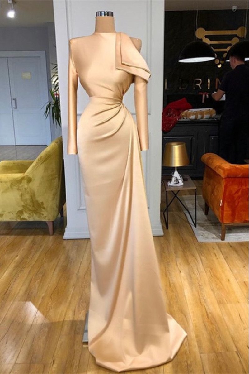 Brittany Simple Champagne High Neck Long Sleeves Sheath Prom Dresses